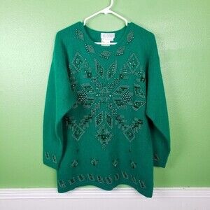 Rare Vintage 80's Shannan Green Heavily Beaded Lambswool Rabbit Pullover Sweater